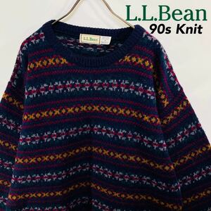 90s エルエルビーン ニット セーター 総柄 ノルディック柄 スコットランド製 L.L.Bean ヴィンテージ クルーネックセーター 肉厚 M