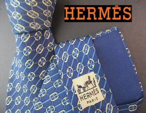  HERMES/エルメスブランドネクタイ　フランス製 ネイビー系／ブランドロゴHオリジナルプリント柄　２本以上ご購入で送料無料S107