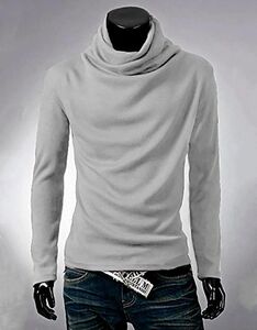 XXL ライトグレー アフガン タートルネック 長袖 Tシャツ カットソー カジュアル メンズ シンプル 無地 ストリート系 シャツ