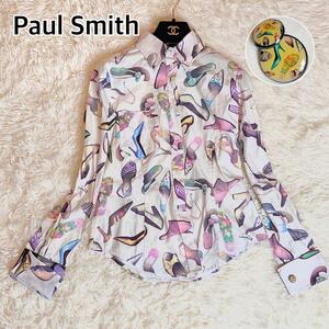 Paul Smith BLACK ポールスミス 長袖シャツ 総柄 靴 レデュースシューズ ヒール サンダル デザインカフス 40 予備ボタン