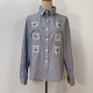 S589 Coulidenee レディース シャツ 長袖 かわいい ネイビー（紺）ストライプ 万能 シンプルデイリーカジュアル 犬/家刺繍 