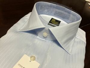 こだわり早稲田屋シャツブランド☆サックスブルー織柄ワイシャツ　M(39-80)　形態安定　テープ縫製