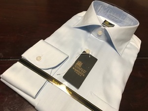 こだわり早稲田屋シャツブランド　サックスブルーヘリンボーンワイシャツ　M(39-80)　ワイドスプレッド　テープ縫製