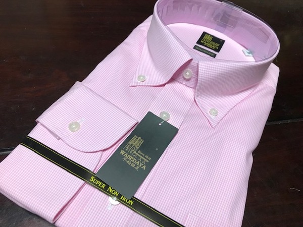 こだわり早稲田屋シャツブランド★ピンク細かなチェックワイシャツ　M(39-84)　形態安定　ボタンダウン　　テープ縫製