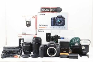 [Rank:AB] Canon EOS 60D DOUBLE ZOOM KIT 18-55mm,55-250mm IS 320EX BG-E9 付属品多 デジタル一眼レフ カメラ 動作良好 手ブレ補正 #3815