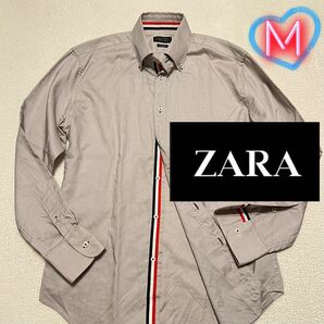 ZARA 薄パープルグレー トリコロールテープ ボタンダウンシャツ