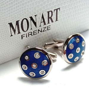 [mac73] new goods MON ARTmon art cuffs cuff links silver × blue blue crystal glass round Italy made 