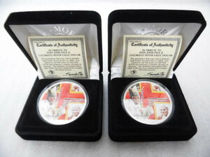 未使用 ヨハネパウロ2世 アメリカ 1ドル銀貨 1oz 2枚セット カラーコイン 2005年 記念硬貨 イーグル シルバーコイン ローマ教皇