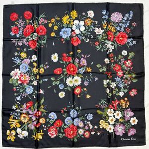 【極美品】クリスチャンディオール　スカーフ　大判スカーフ　85cm×85cm 花柄　ブラック　絹　シルク100% 保管品