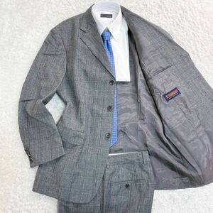 美品!Super130!ヒューゴボス/HUGO BOSS×E.THOMAS社製ウール【グレンチェック柄×水牛釦】スーツ セットアップ グレー 50/L-XL位 総裏 3B