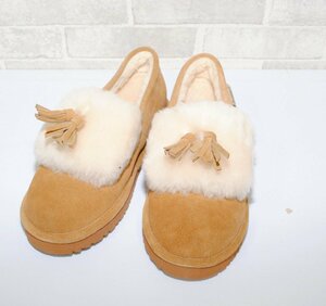 BEARPAW ベアパウ●ムートンシューズ スリッポン モカシンファー ペタンコ もこもこ 履きやすい スエード/24.0/ヒッコリー/1円スタート/XB