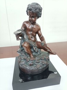 8-11-13-13 西洋ブロンズラブリー裸の少年子供アールデコ調の彫刻像 中古品 高さ29cm 幅15cm 台付き