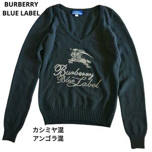 【送料無料】BURBERRY BLUE LABEL バーバリーブルーレーベル ニット 薄手 カシミヤ混 アンゴラ混 デカロゴ ホースロゴ ラインストーン 黒