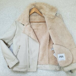 ZARA/ザラ 実寸XL位42サイズ PUフェイクレザー/フェイクムートン ダブルライダースジャケット/アウター ベージュ系カラー メンズ