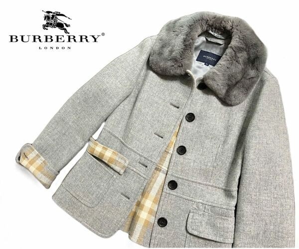 【美品】BURBERRY カシミア混 毛/ラビットファー/コートグレー★レディース M〜L