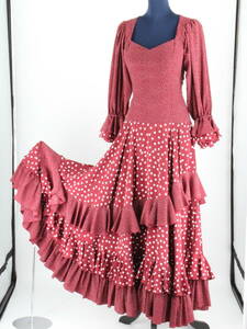 [ free shipping ][ beautiful goods flamenco costume ] small legume color × polka dot × gorgeous frill dress . pad attaching on a grand scale spread hem Flamenco tango 