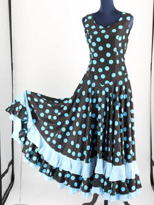 [ free shipping ][ flamenco costume ] black × Sky blue × polka dot dress . pad attaching on a grand scale spread hem Flamenco tango 