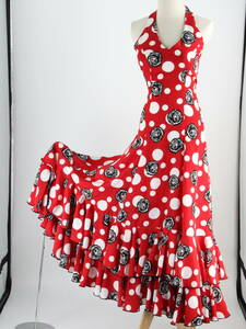『送料無料』【スペイン製 フラメンコ衣装】鮮やかレッド×バラ柄 リボン ドレス 大きく広がる裾 Flamenco タンゴ SEVILLA
