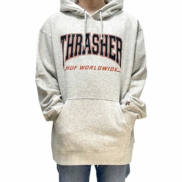 新品 HUF ハフ THRASHER スラッシャー コラボ サンフランシスコ ジャイアンツ ベースボールロゴ カレッジ オーバーサイズ ビッグパーカーXL