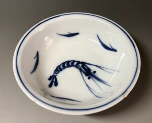  old fee small blue and white ceramics . Meiji period about. Seto shrimp pattern 4 size deep plate 