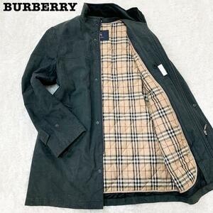 【美品】 バーバリーロンドン ソフリナシャル BURBERRY LONDON レザーコート ライナー ノバチェック ロング アウター メンズ L グリーン