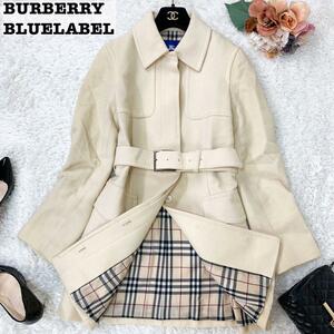 バーバリーブルーレーベル ロングコート チェスターコート ノバチェック アンゴラ アイボリー 白 ホワイト BURBERRY BLUELABEL ベルト