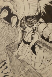 手描きイラスト★オリジナル　B５サイズ ペン画　モノクロ　少女　『大量の…』