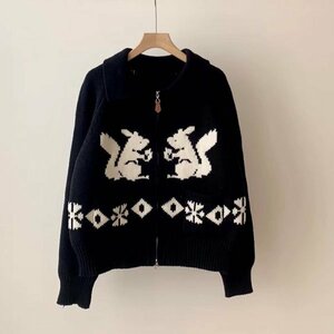 xzセーター ニット 可愛い 着映え レディース ゆったり 暖かい 織り込みリス模様 ブラック