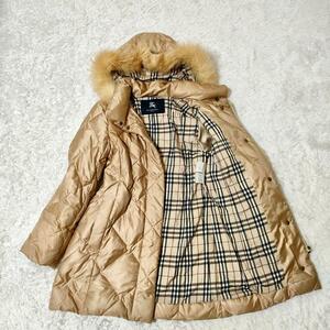 美品 バーバリーロンドン Burberry LONDON 3way フォックスファーダウンコート ゴールドベージュ 9サイズ ノバチェック 2way キルティング