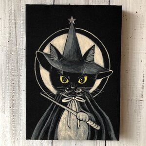 Art hand Auction ｢魔法猫タキ｣SMサイズ アート作品 原画 猫 徳島洋子作品 魔法使い, 美術品, 絵画, アクリル, ガッシュ