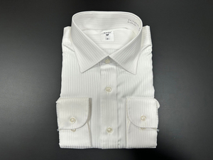  【2915】EAEC05-11ーH907■M(39-80)■白&シャドーストライプ 綿100% SHIRTS MART ワイドカラー 長袖 ドレスシャツ
