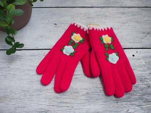  retro * pretty knitted . flower. embroidery child gloves * pink * knitted small articles miscellaneous goods display 