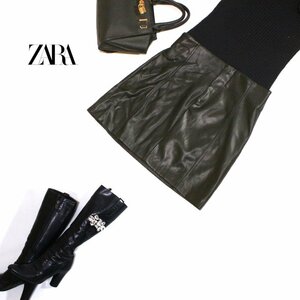 美品 ZARA ザラ ■ 秋 冬 艶 合皮レザー 台形 レザースカート ミニスカート L ブラック 黒 レザー クール