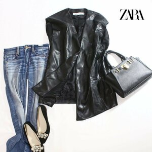 美品 ZARA ザラ モロッコ製 ■ 上質 エコレザー ロング丈 ノーカラー レザージャケット レザーベスト ブラック 黒 M 合皮レザー