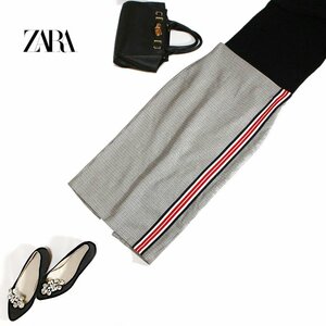 美品 ZARA woman ザラ ウーマン ■ 合物 シンプル 飾り サイドライン 千鳥柄 ミモレ丈 タイトスカート XS ホワイト 白 グレー ブラック 黒