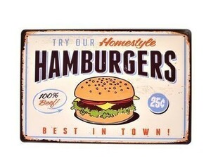 K161 新品◆ブリキ看板 アメリカ雑貨 ハンバーガー hamburger かっこいい ビンテージ バー レストラン インテリアに アンティーク レトロ