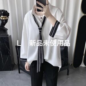 ネクタイ付き シャツ ホワイト メンズ モード 韓国 秋服　Ｌ