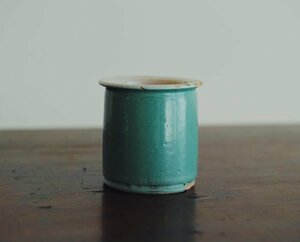 フランス 緑釉 クリームポット / 19世紀 古民芸 筒盃 軟膏容器 デルフト ファイアンス