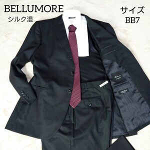 BELLUMORE　ベルモーレ　セットアップ　スーツ　ブラック　黒　シャドーストライプ　シルク混　背抜き　BB7　XL相当　3B　段返り　