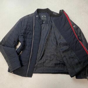 【極美品 希少XXL相当】ARMANI EXCHANGE アルマーニ エクスチェンジ 裏地ロゴ 総柄 ダブル ライダース ブルゾン AXロゴ 襟ボア ネイビー紺