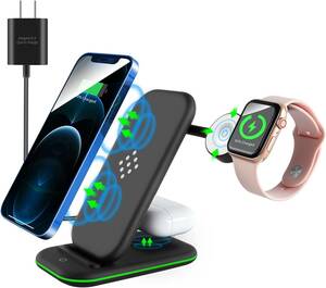 ワイヤレス充電器 3in1 Qi 置くだけ充電 Apple Watchスタンド Air pods Pro充電器 Max　Galaxy QIスマホ対応 18Wアダプター付属