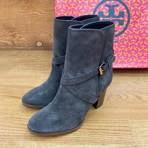  unused storage goods *TORY BURCH Tory Burch bootie - short boots 6/ lady's 22.5~23cm corresponding / gray series / leather / heel height approximately 8cm/ regular price 7 ten thousand ~