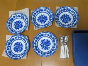 カレー皿 ５枚セット スプーン付き スープ皿 箱付き ギフト プレート皿 洋食器 ブルー 青色 花柄