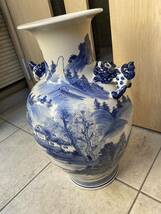 中国美術九谷燒雙獅耳青花山水花瓶 花器陶器 壺 希少品_画像3