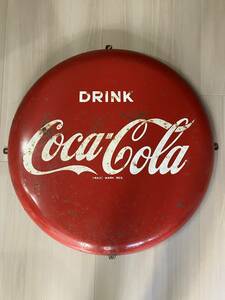 昭和レトロ 50年前 アンティーク DRINK Coca Cola TRADE MARK REG コカコーラ ホーロー 丸 看板 61cm×5cm 壁掛け蝶番付 