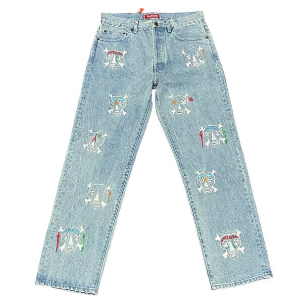 【新品】Supreme シュプリーム【Clayton Patterson Skulls Embroidered Regular Jean】スカル エンブロイダリー デニムパンツ ブルー