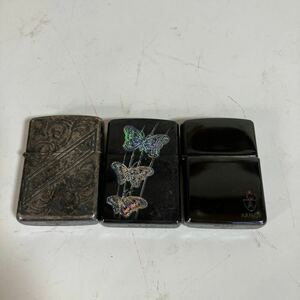 ジッポー 蝶 デザイン シルバーカラー オイルライター ZIPPO 喫煙具 喫煙グッズ 3点 まとめて ヴィンテージ　コレクター　