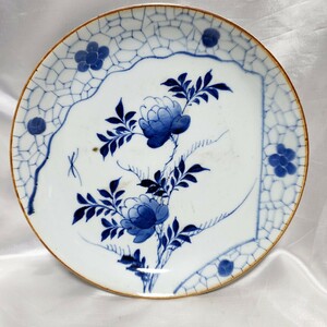 古伊万里 飾皿 染付 牡丹花と蝶々紋 時代物 径28.7cm