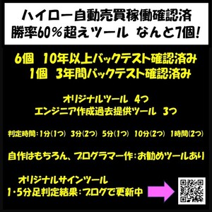 【期間限定】ハイロー自動売買稼働確認済み：勝率60％以上バイナリーサインツール全部で7個！！　6個は10年以上バックテスト済