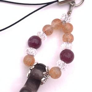天然石スモーキークォーツ勾玉&レピドライト&サンストーンのストラップ